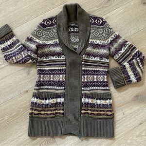 Eddie Bauer Womens Double Breasted Zip 3/4 Cardigan Sweater Taupe Purple Gold XS